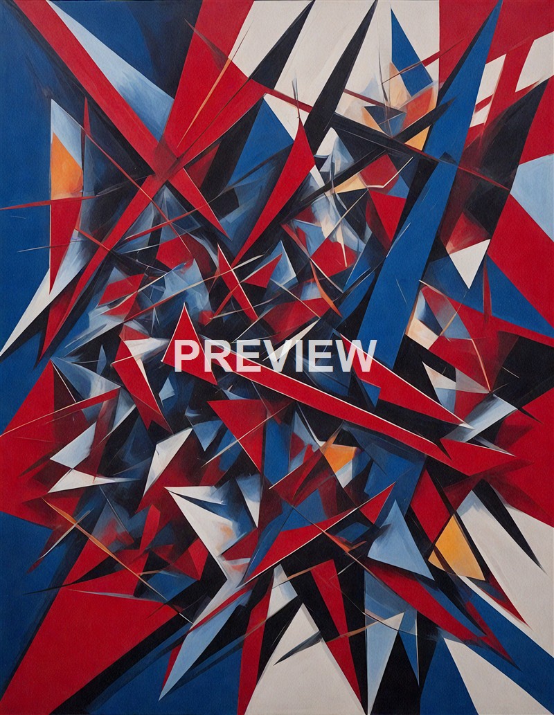 An abstract painting composed of sharp, angular shapes in red, blue, black, white, and hints of orange, creating a dynamic and chaotic visual effect.